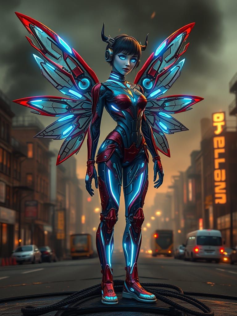 A mechanic fairy with metal wings and glowing eyes.