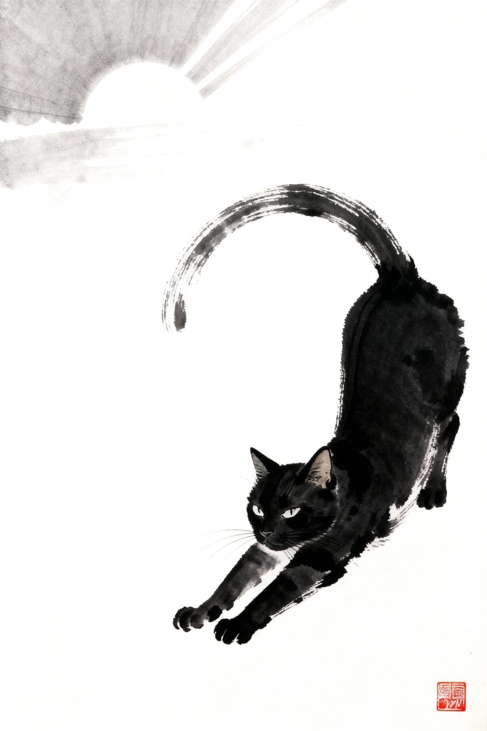 Sumi-e Ink Painting of a Stretching Black Cat