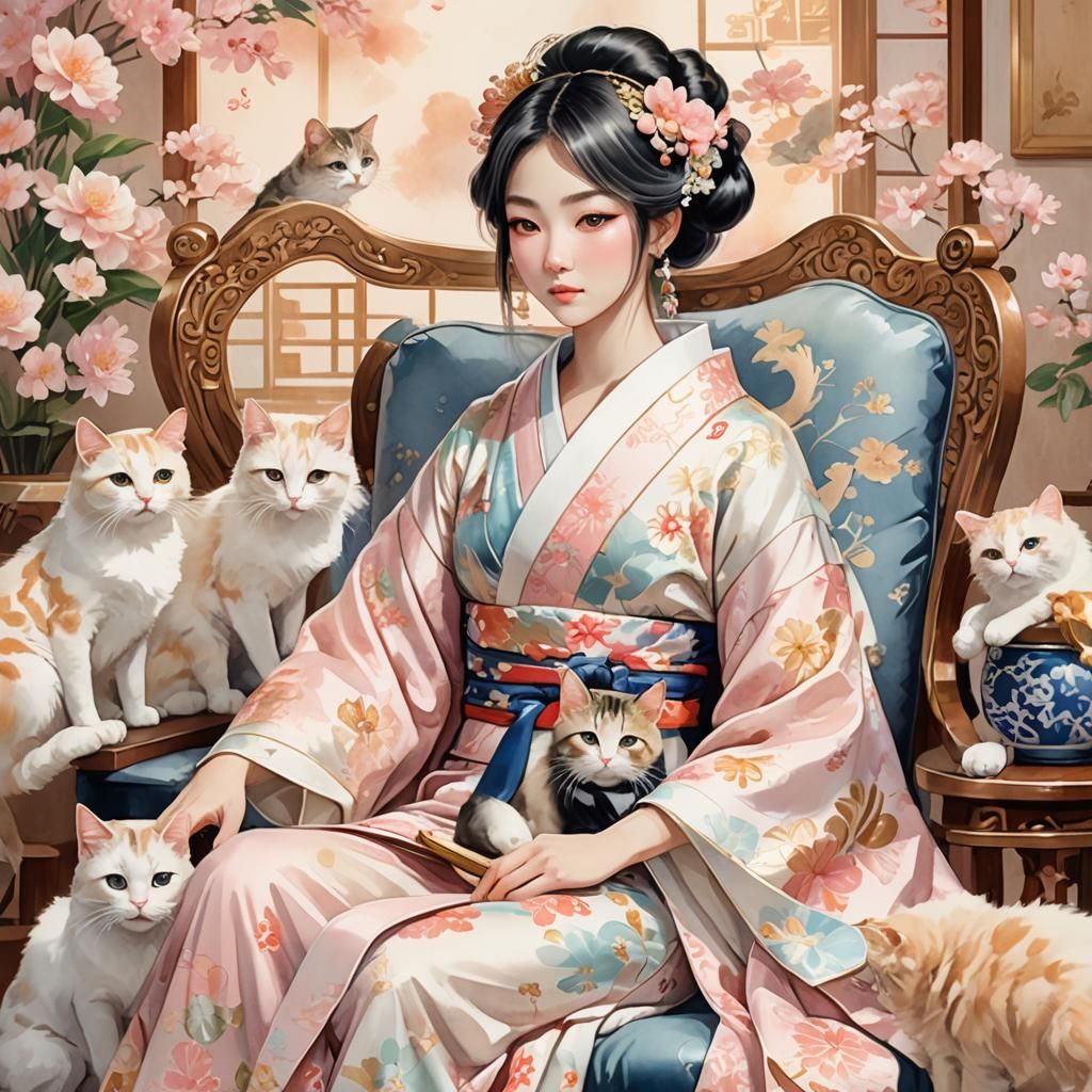 Lady in Kimono Surrounded by Cats: Anime Illustration
