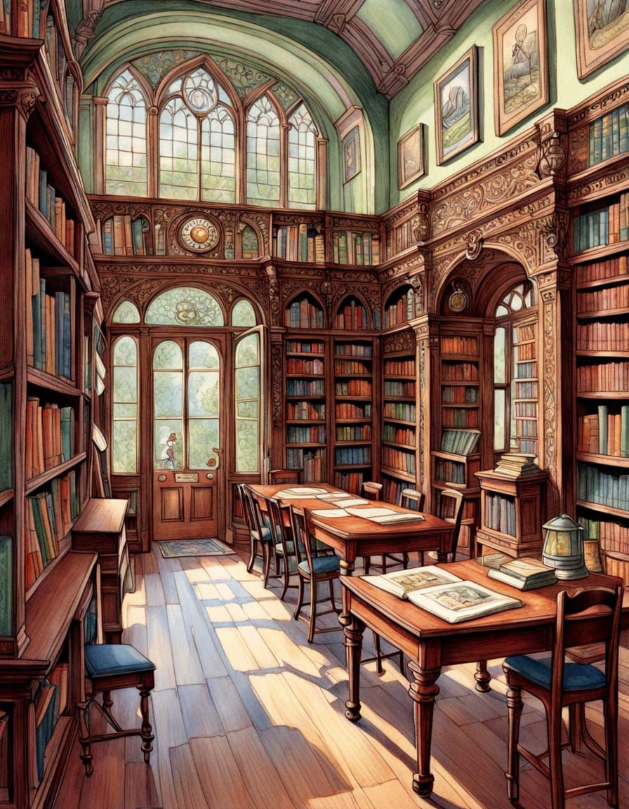 Charming Old-Fashioned Library in Colored Pencil Style