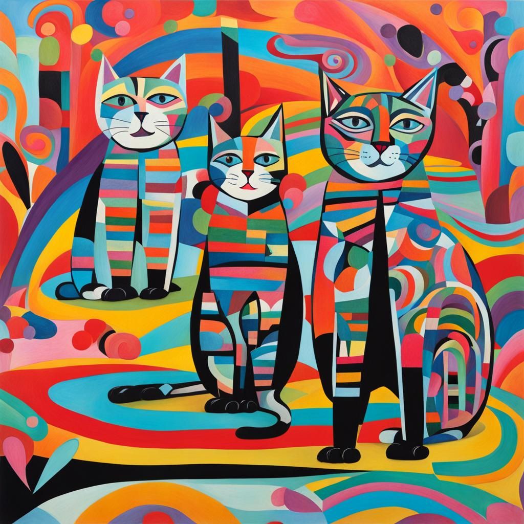 Colorful Cubist Cats in Picasso Style