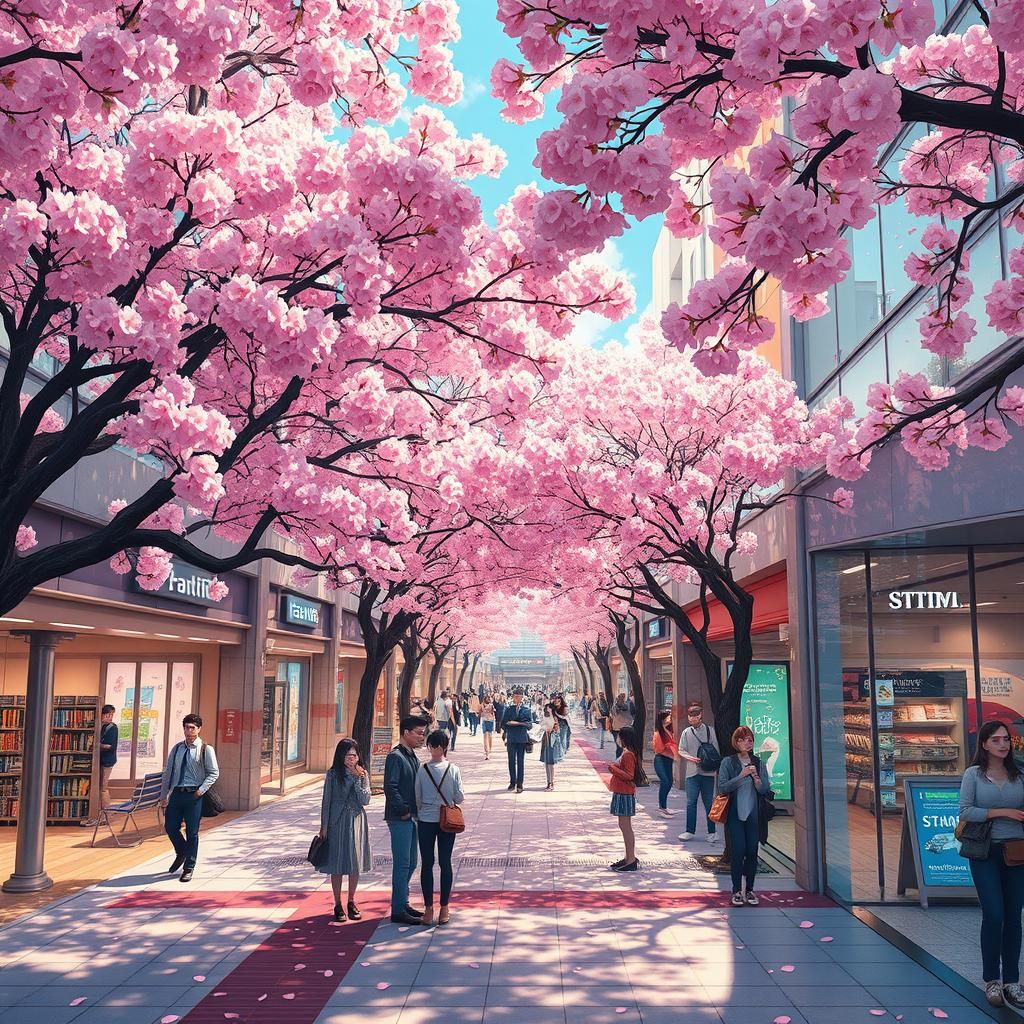 Cherry Blossoms in City Mall: 3D Anime Style