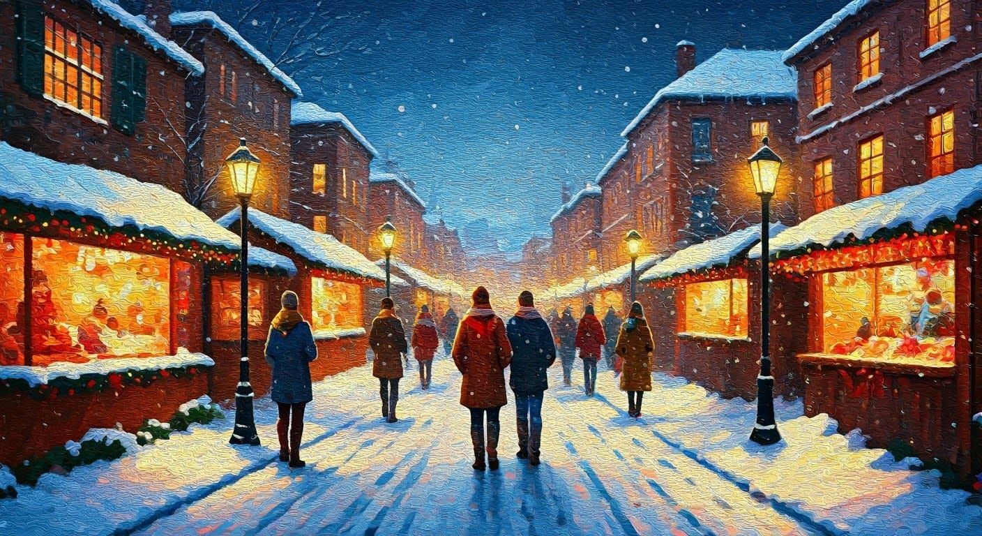 Vibrant Winter Christmas Market Scene, Neo-Impressionist Sty...