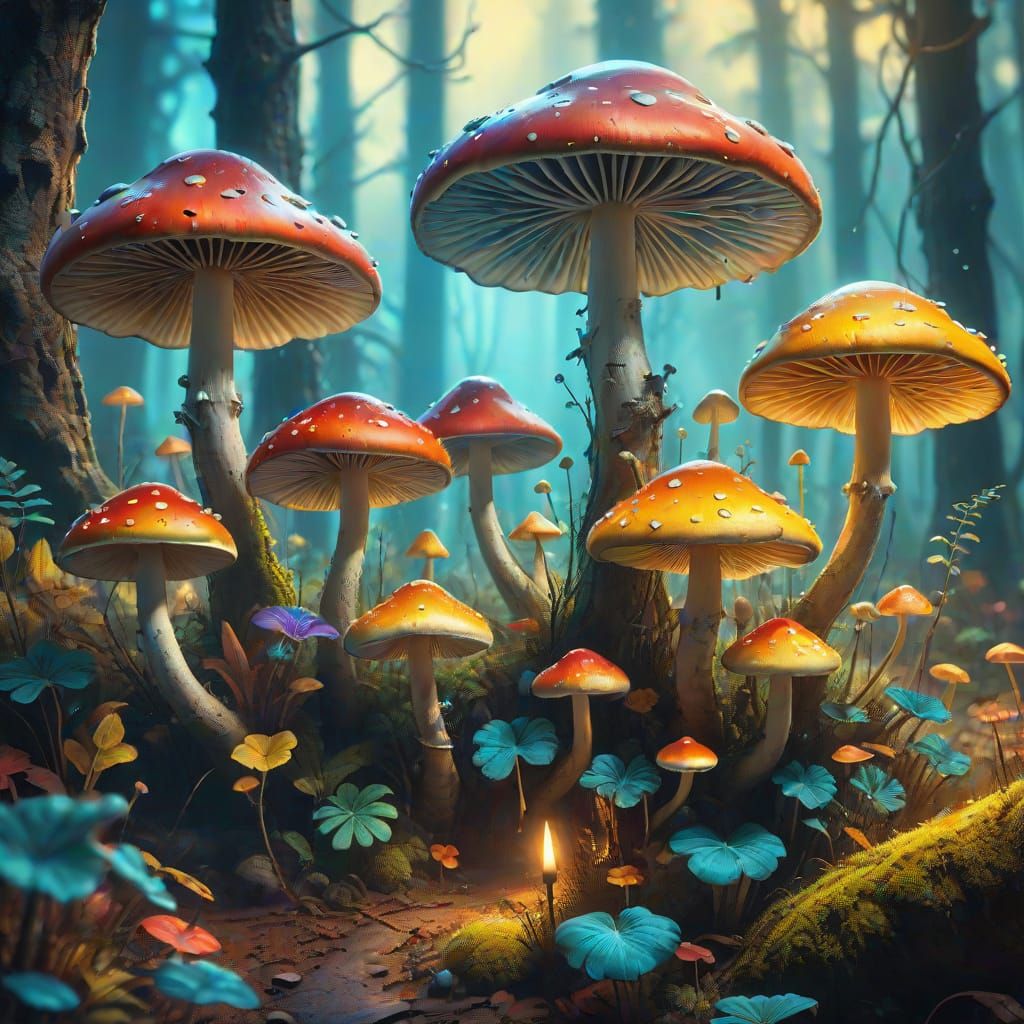 Vibrant Fantasy Mushrooms in a Dreamy Forest