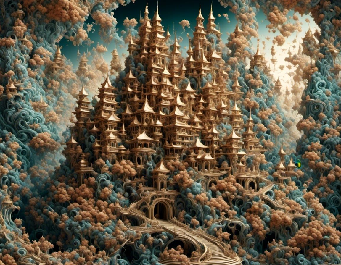 Celestial Fractal Castle with Dragons, Surreal Fantasy