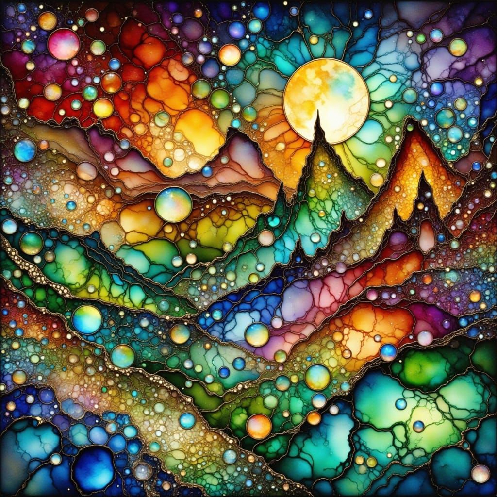 Iridescent 3D Mountain Ridge in Alcohol Ink Style