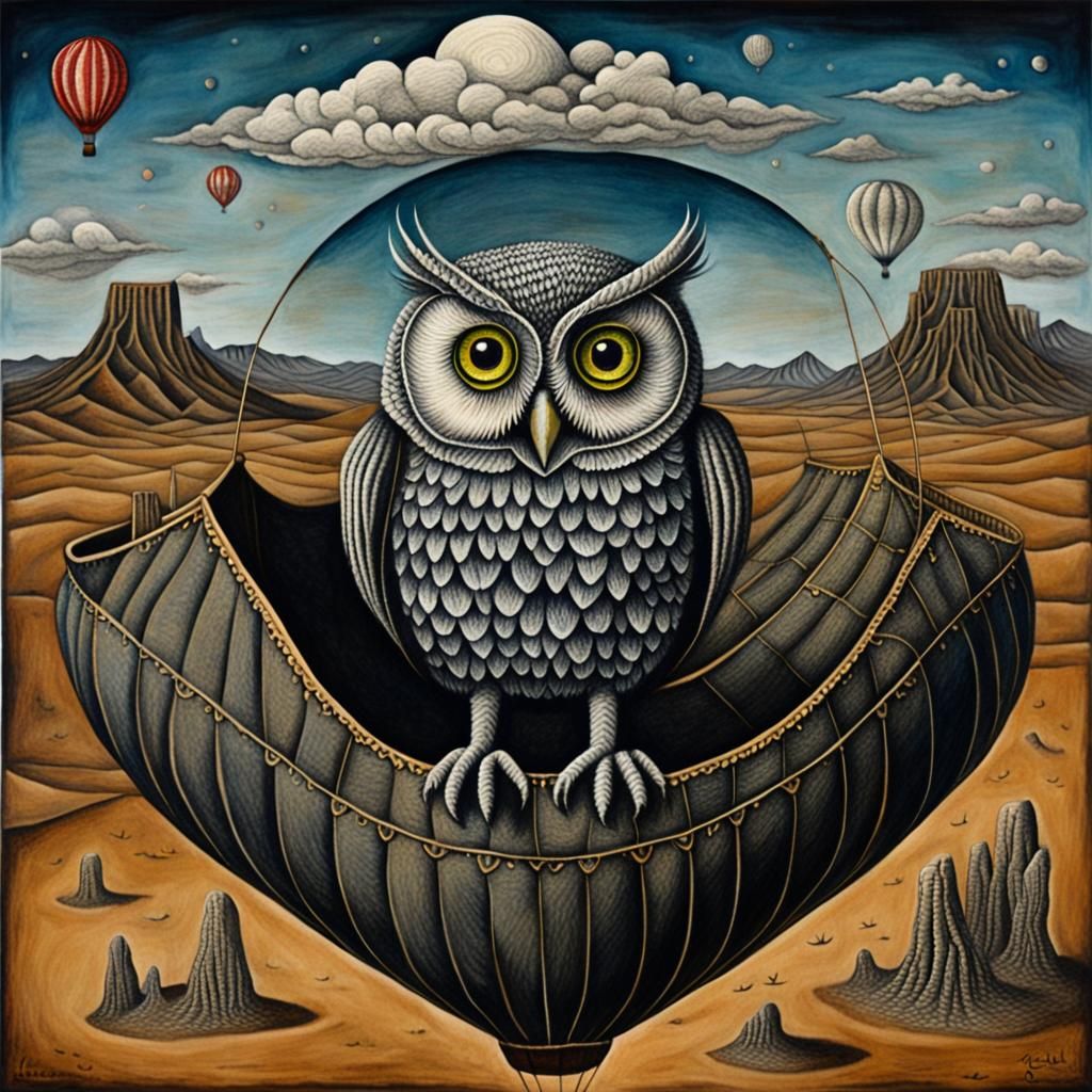 Pirate Owl in Hot Air Balloon: Scratchboard Art