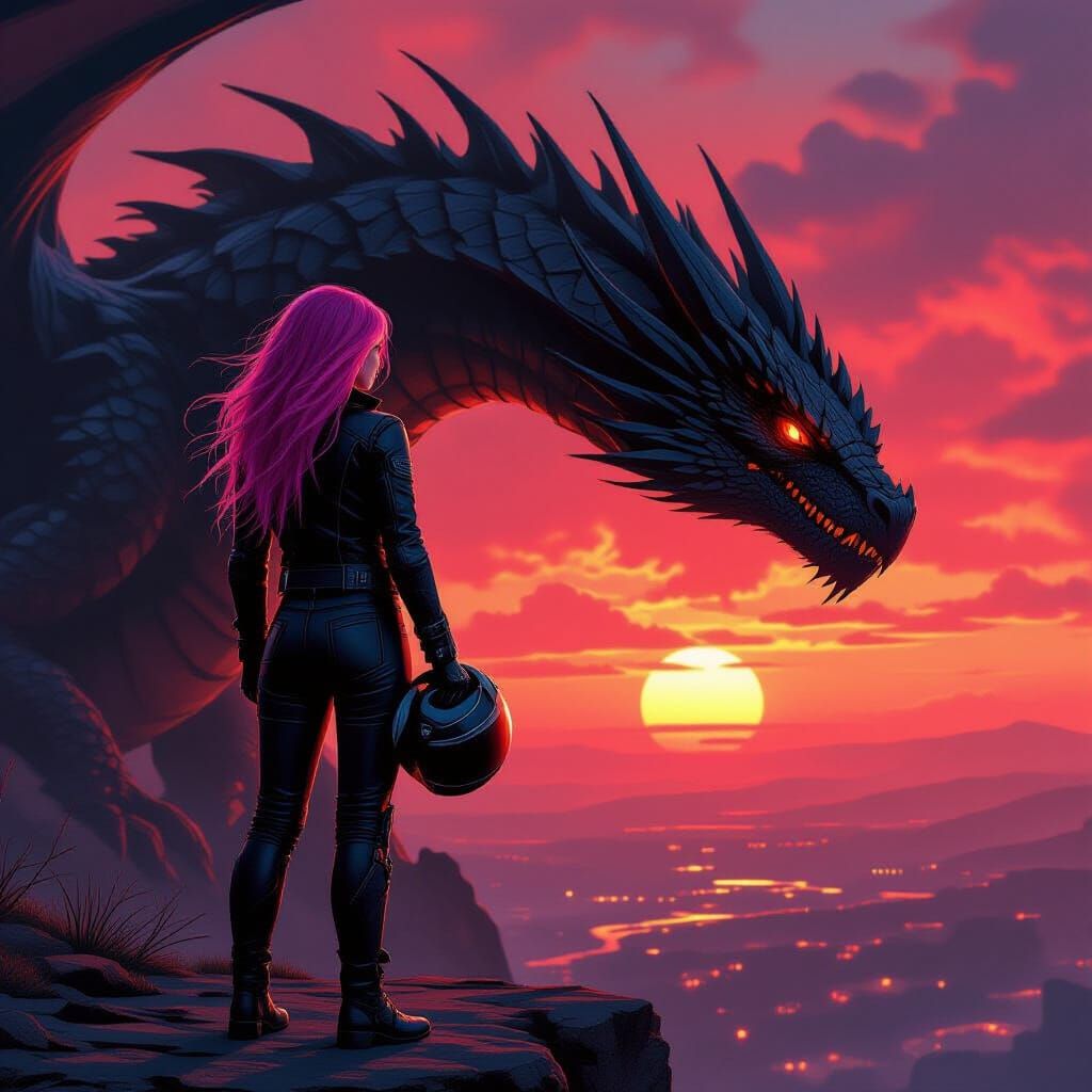 Princess and Dragon Dystopian Sci-Fi Sunset