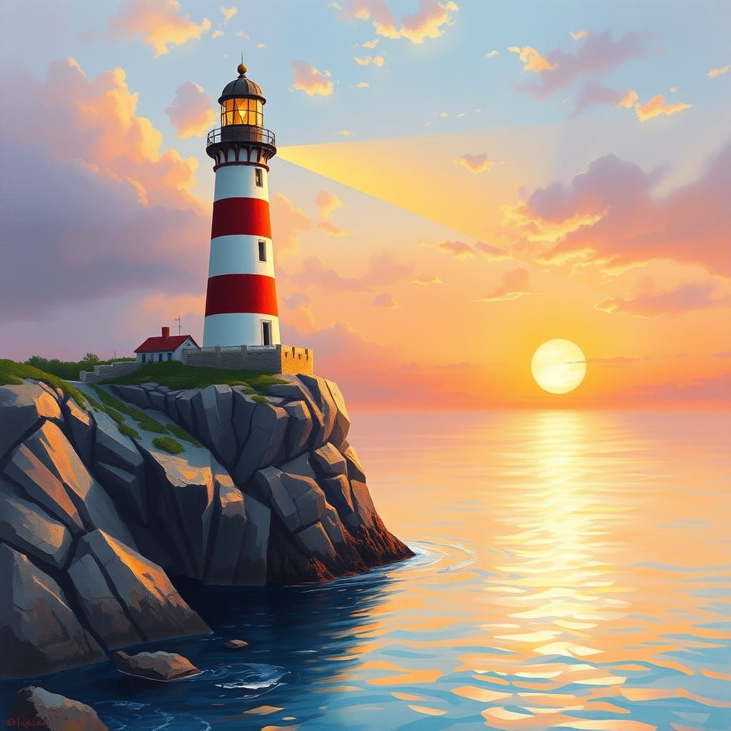 Sunset Lighthouse with Sweeping Golden Beam