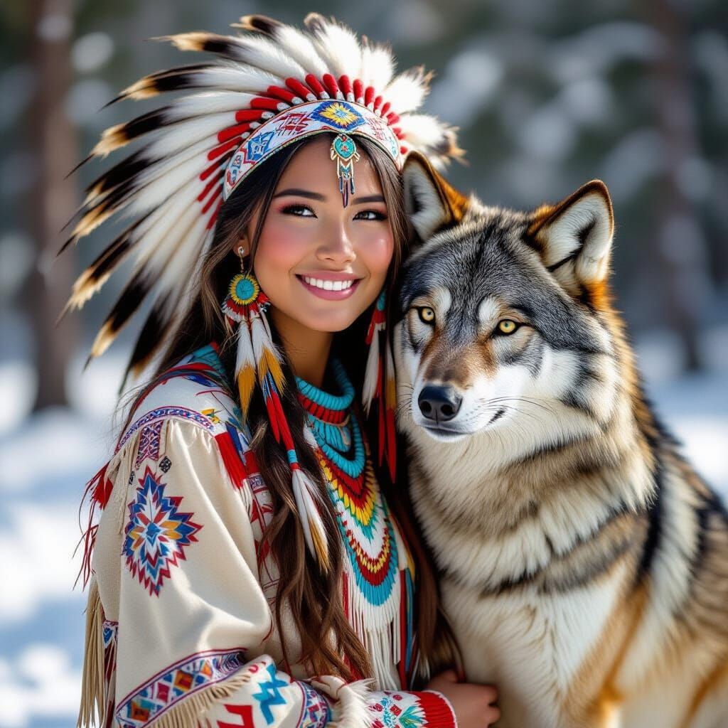 Native American Maiden with Wolf Portrait