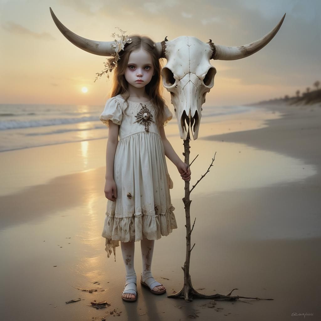 Girl with Cow Skull on Beach at Sunset