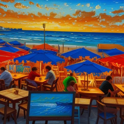 Bustling Beach Bar: A Neo-Impressionist Oil Painting