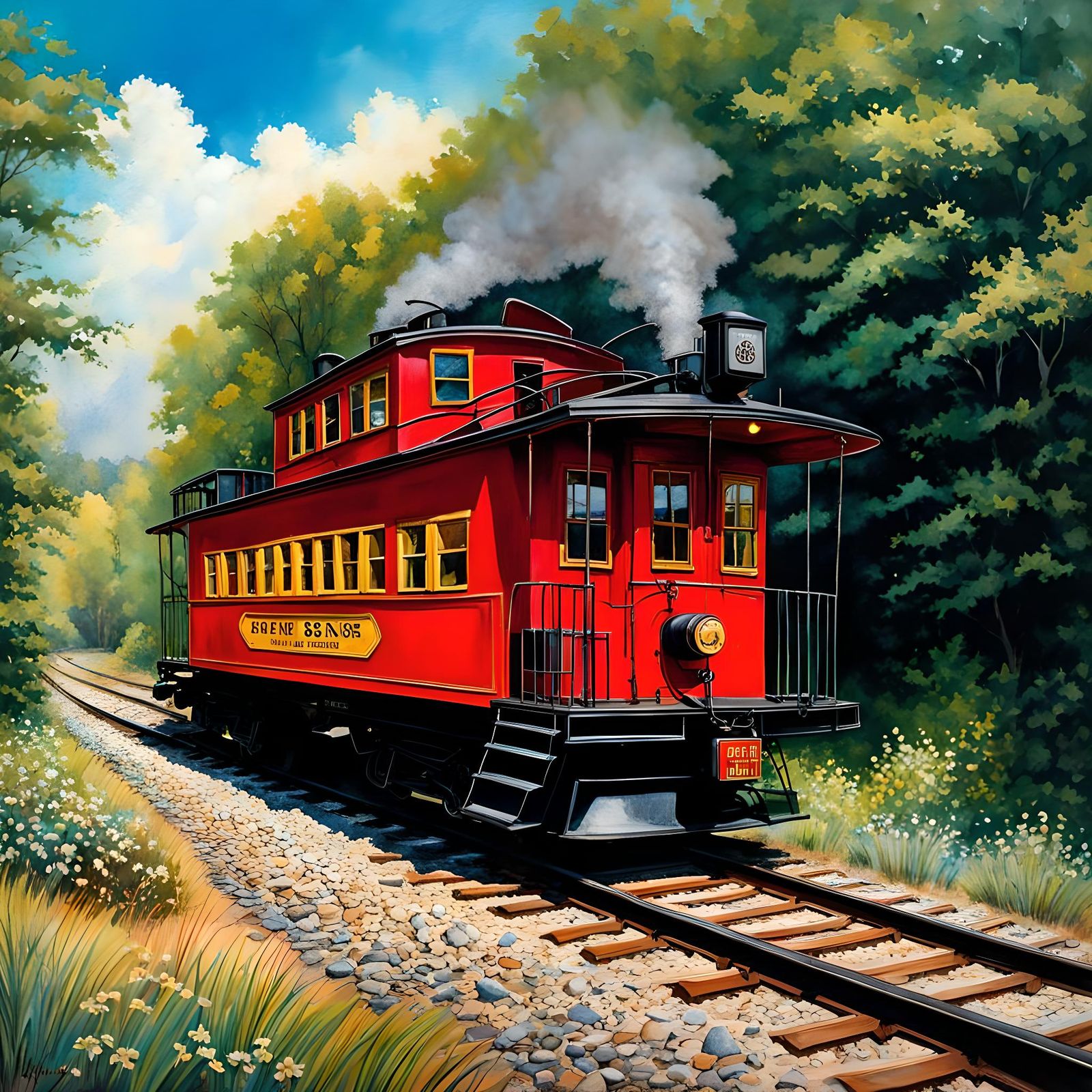 Retro Red Caboose on Tracks in Watercolor Style