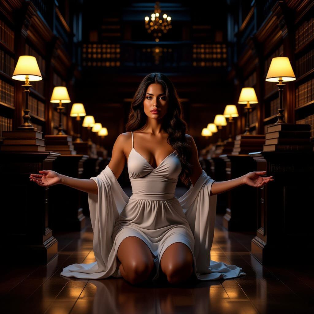 Academic Nude Study in Grand Library at Night
