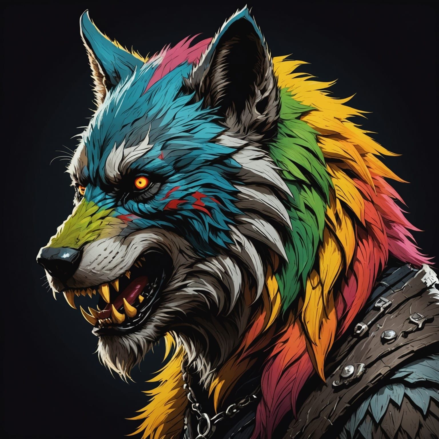 Colorful face profile of scary werewolf