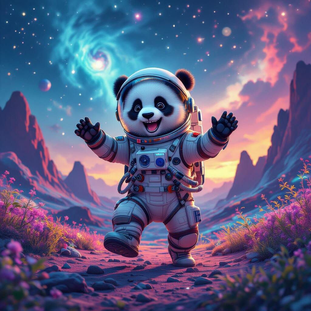 Panda Astronaut Dancing on Alien Planet