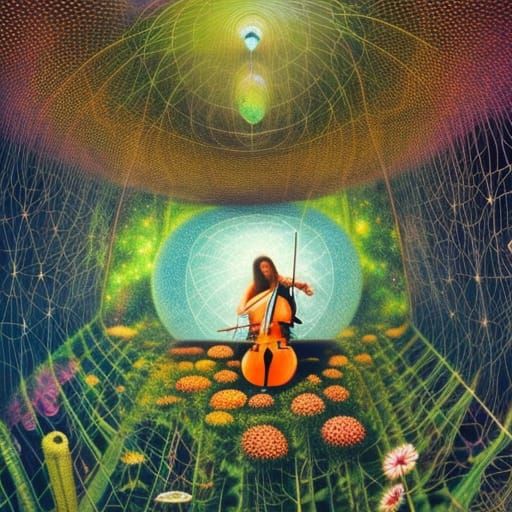 Cellist on Stargazing Platform in Surrealist Style