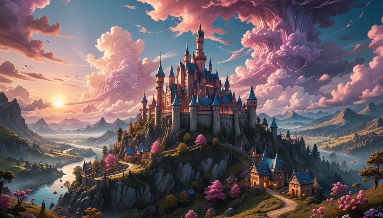 Whimsical Castle Landscape in Golden Hour