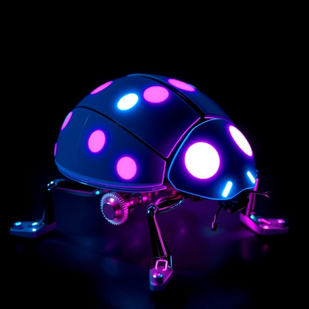 Mechanized Ladybug with Neon Lights in Cyberpunk Style