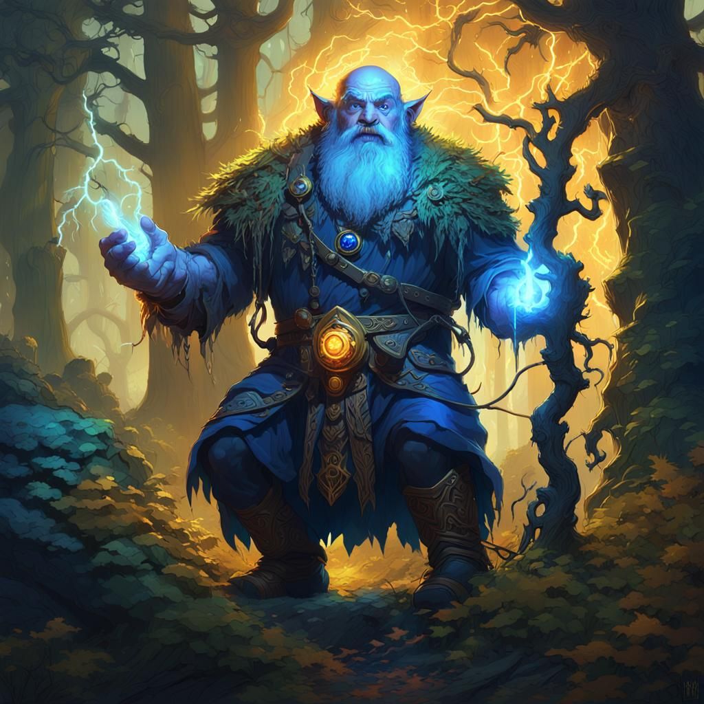 Dwarf Lightning Druid in Mystical Forest