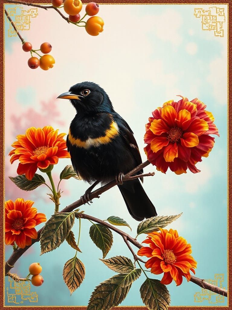 Chinese Silk Brocade Border With Oilbird, Hyperrealistic