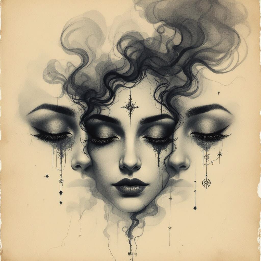 Surreal Graphite Illustration of Three Closed Eyes