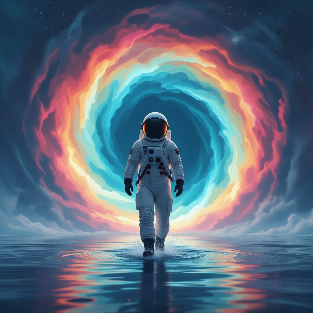 Astronaut Stepping into Abstract Sci-Fi Vortex