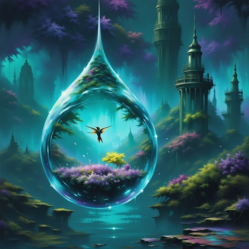 Dewdrop Fantasy World with Hummingbirds