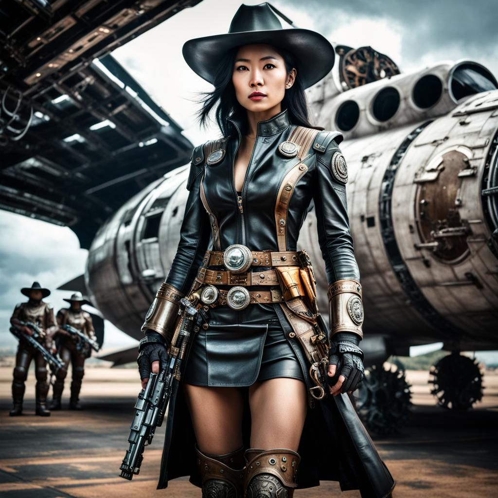 Bounty Hunter stands outside her ship