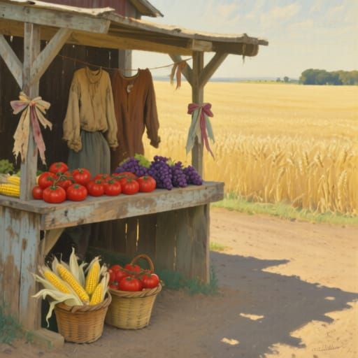 Rustic Farm Stand in Golden Wheat Field