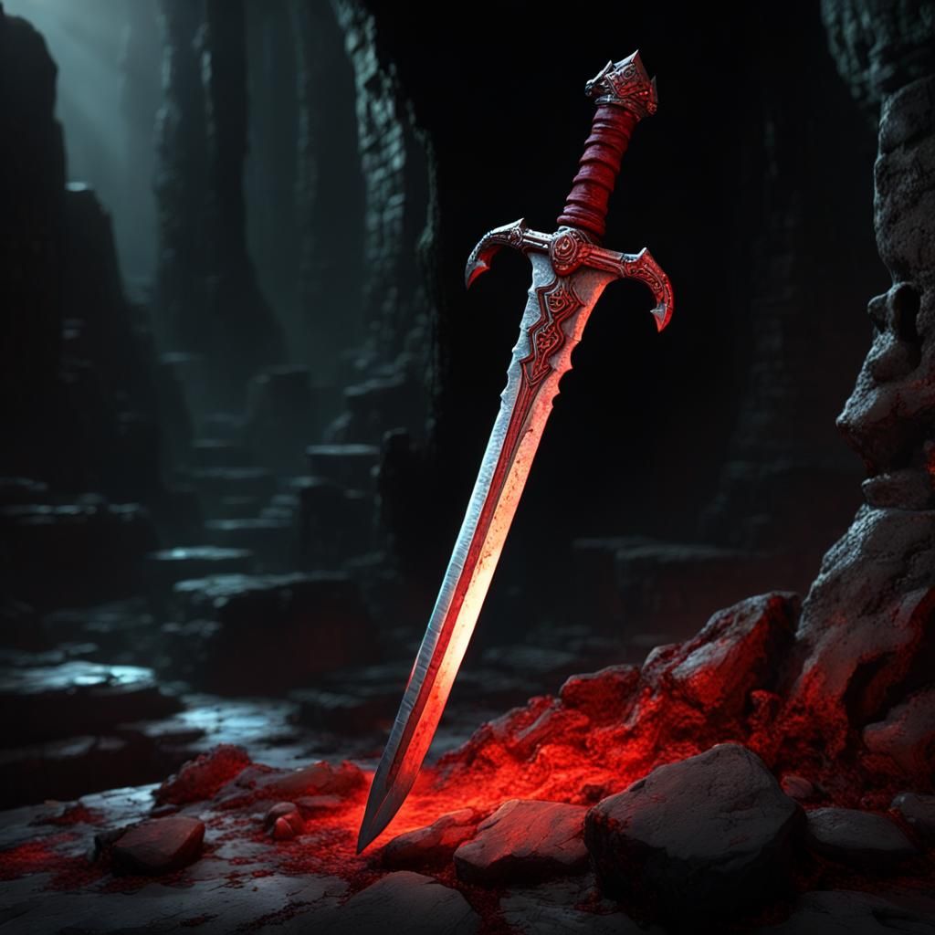 Cursed Greatsword in Stone with Eerie Red Glow