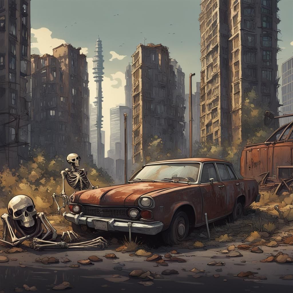 Apocalyptic Overgrown Town with Skeleton and Skyscrapers