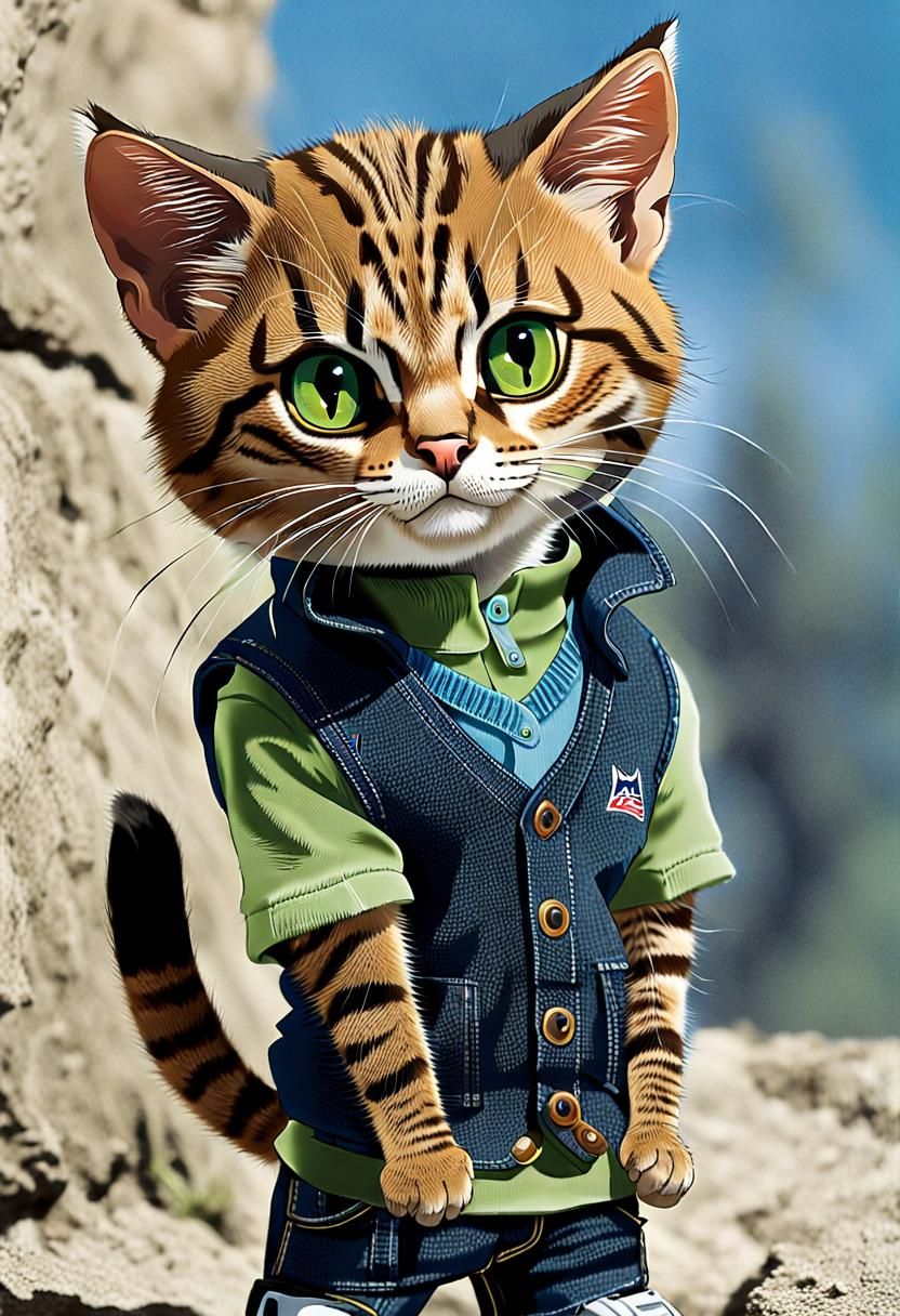 Pixar-Style Rusty Spotted Cat Kitten in Apparel