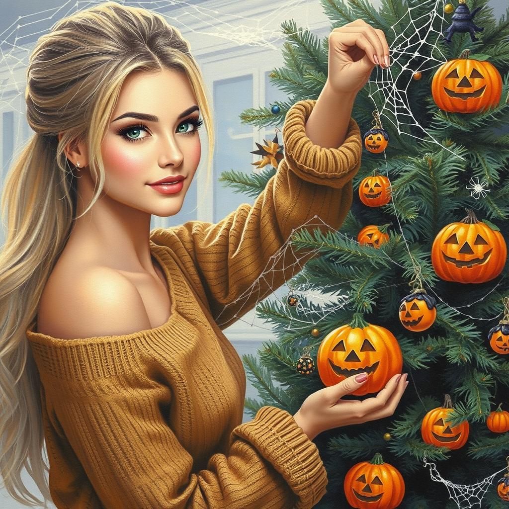 Blonde Woman Decorates Halloween Christmas Tree