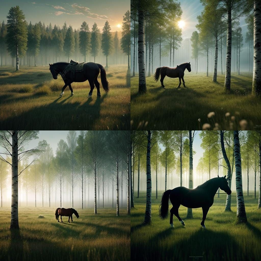 Horse Grazing at Sunrise in Birch Forest