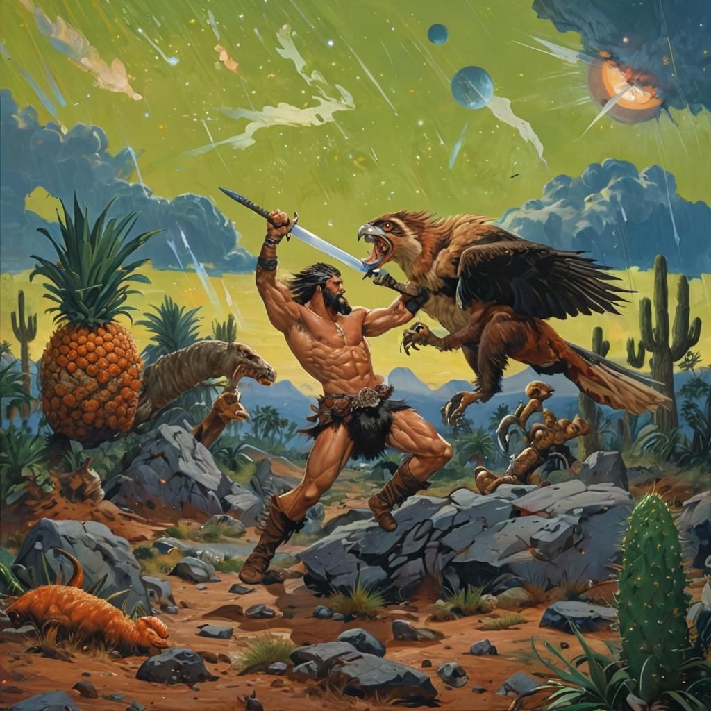 Barbarian Battles Giant Bird on Alien World