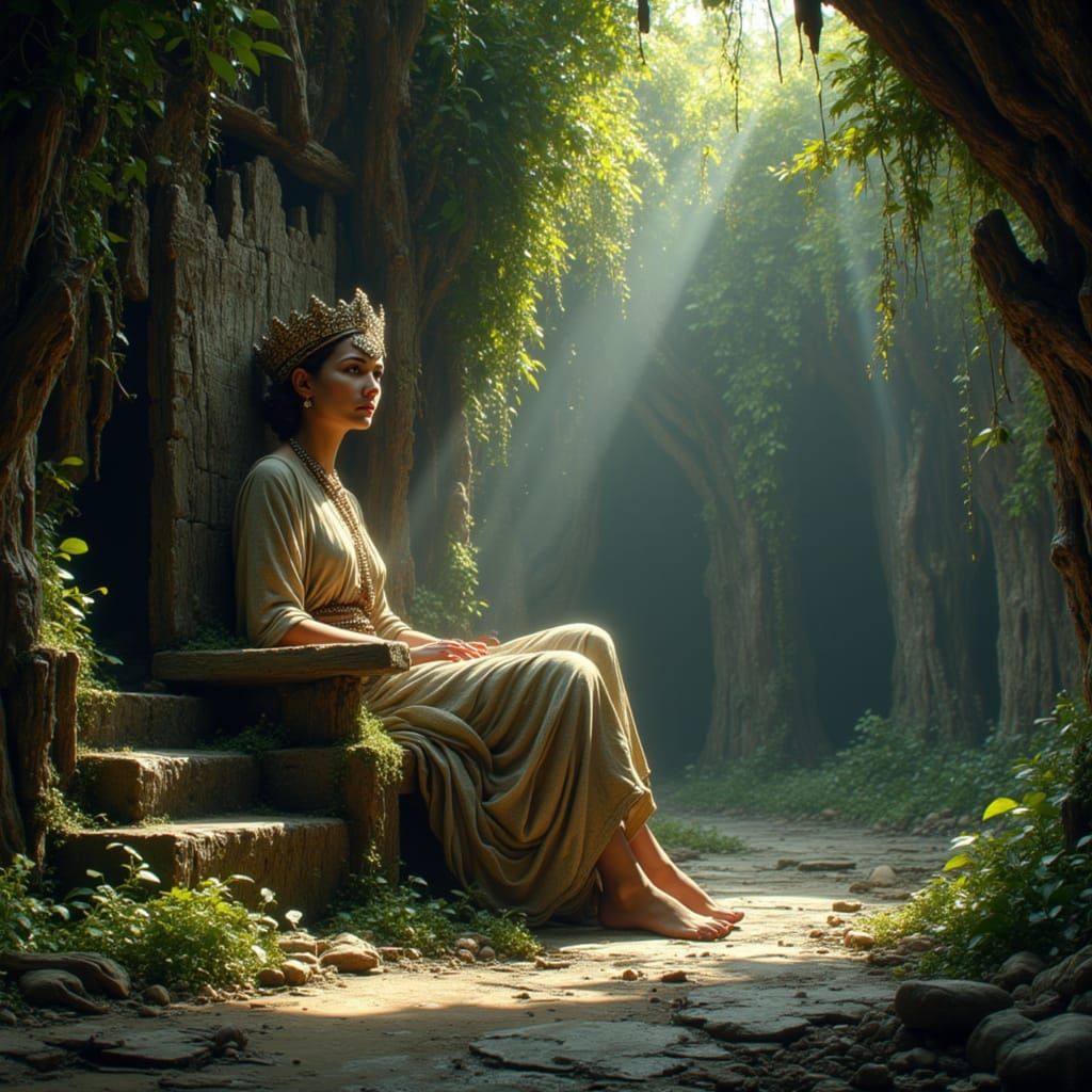 Ancient Queen on Petrified Wood Throne in Ruin