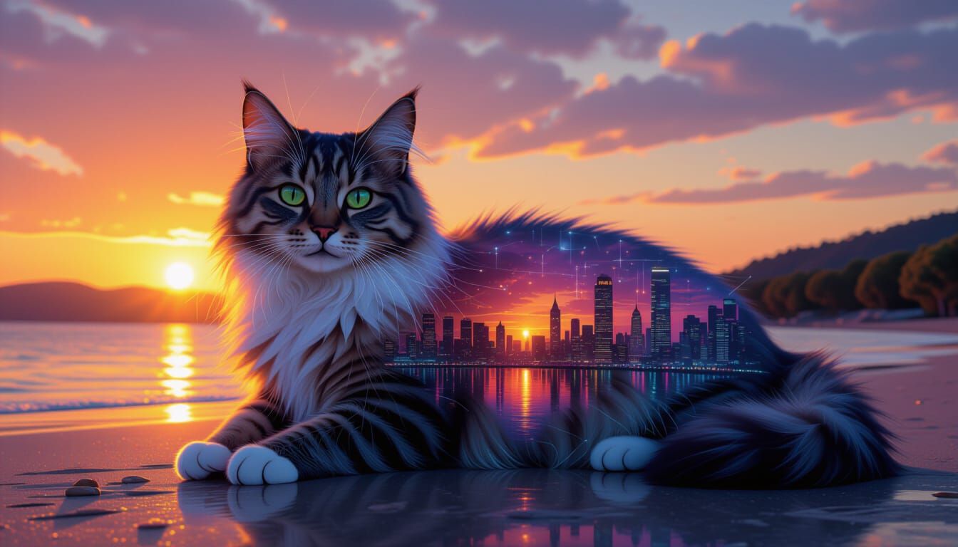 Surreal Cat Double Exposure with Cityscape and Sunset