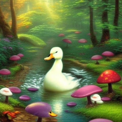 Ethereal White Duck in Forest with Glowing Mushrooms