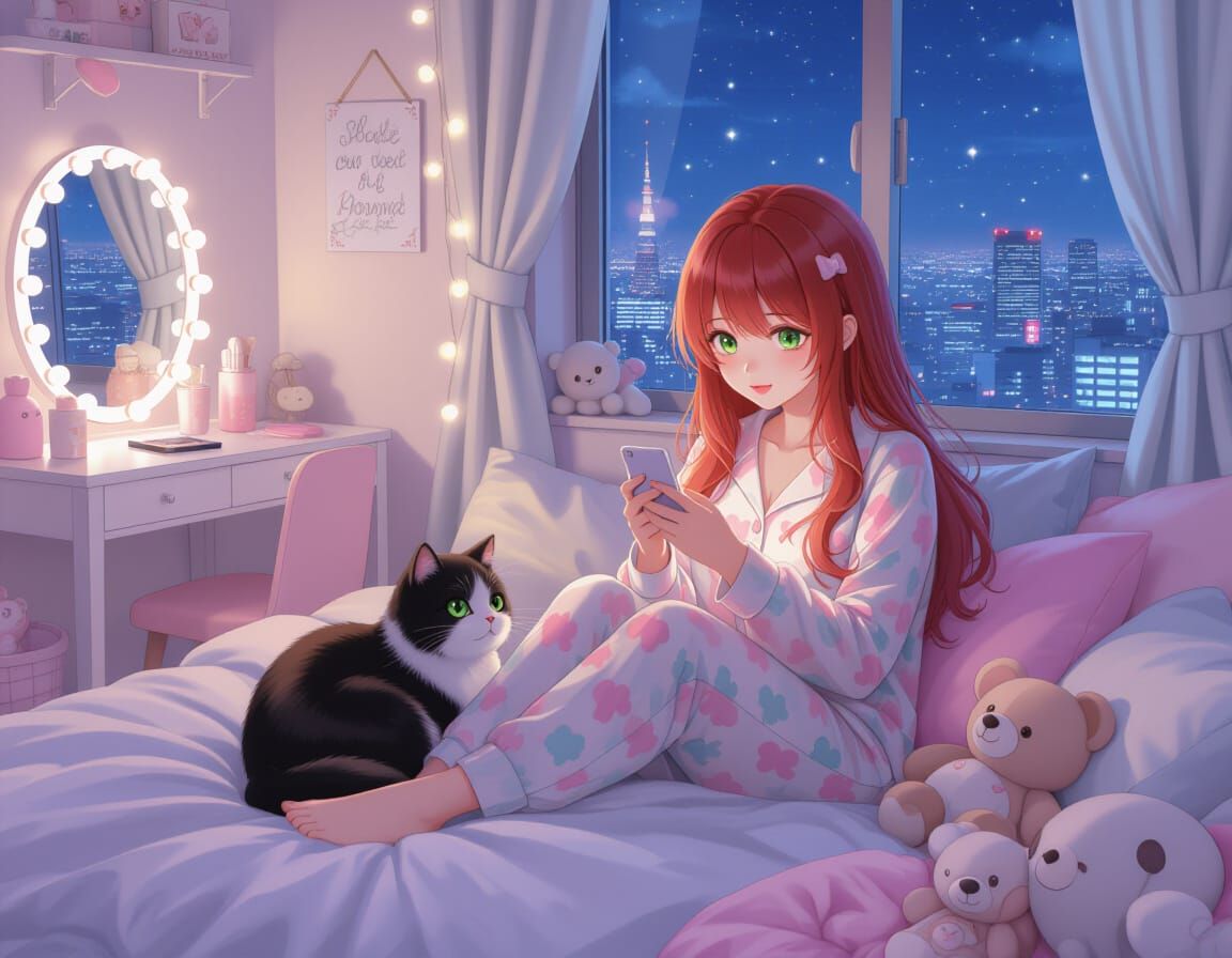 Japanese Woman with Cat in Bed, Manga Style