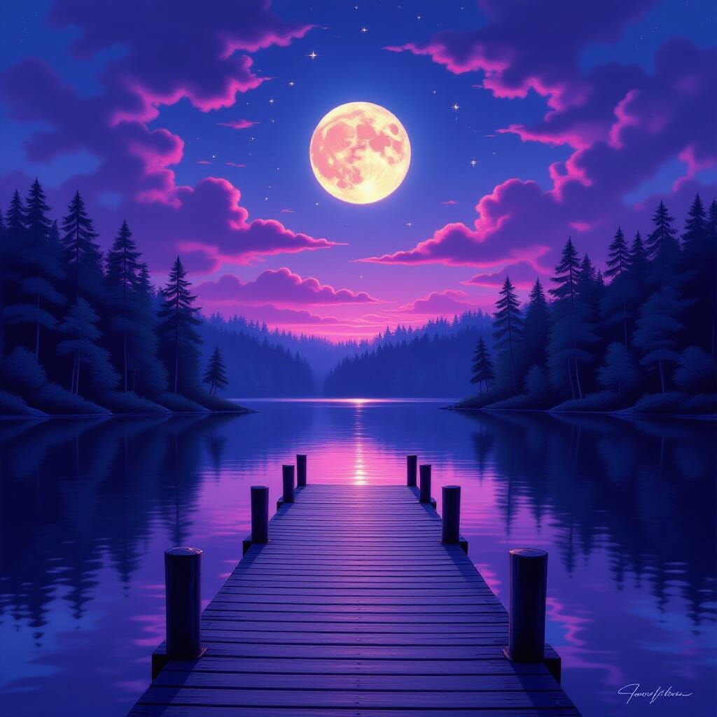 Mystical Forest Dock Under Pink and Purple Moonlit Sky