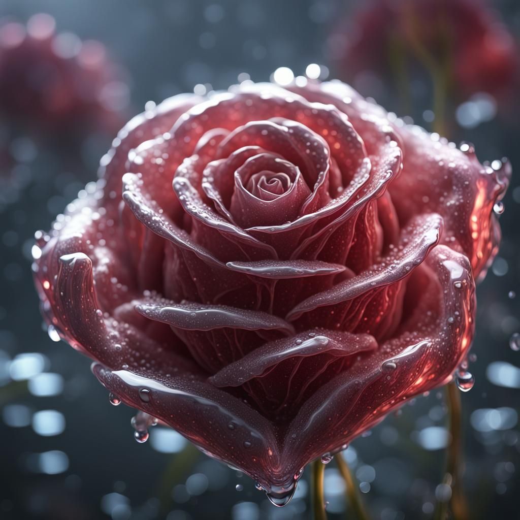 Delicate Glass Rose with Dewdrops in Natural Light