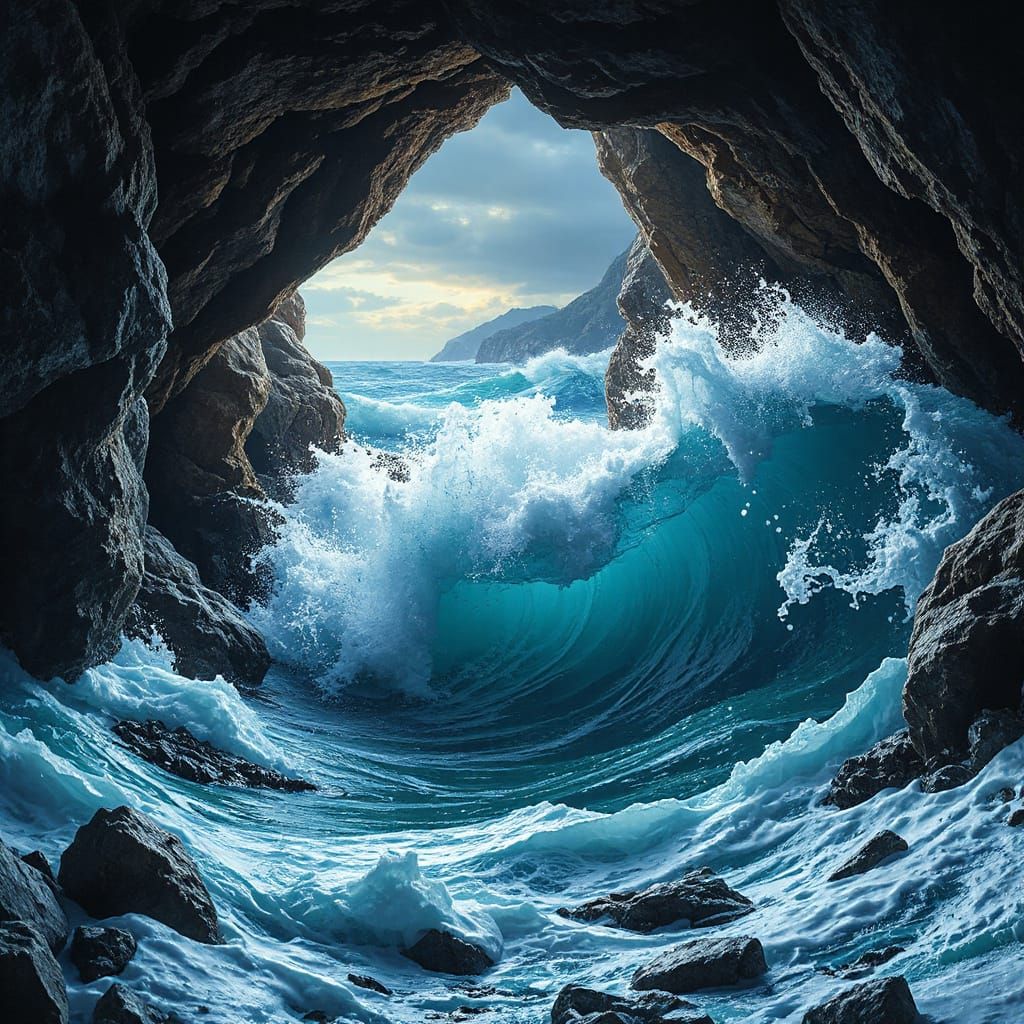 Stormy Sea Tides Crash into a Narrow Cove in Hyperrealistic ...