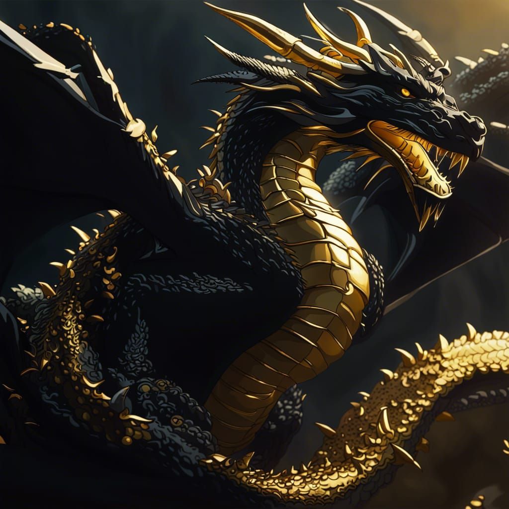 Gold and Black Dragon in Anime Style