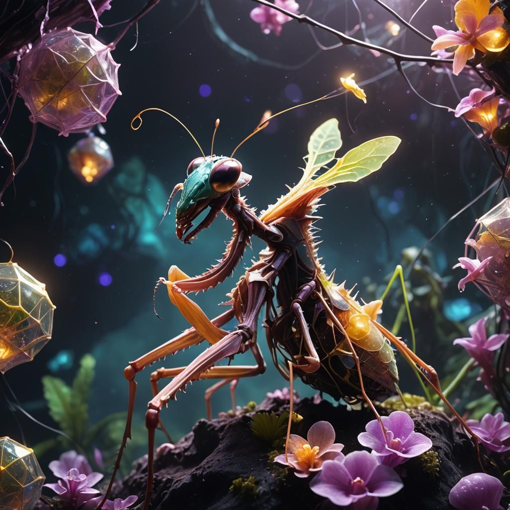 Bioluminescent Mantis on Icosahedron with Orchids