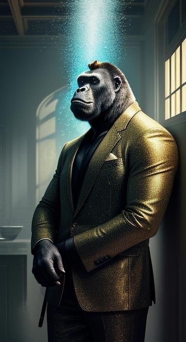 Silverback Gorilla in Suit Smoking Cigar, Hyperrealistic