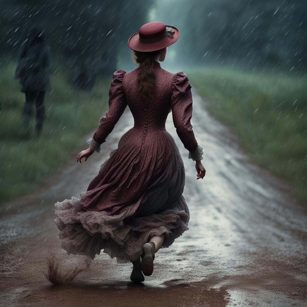 Girl in Edwardian Dress Running in the Rain