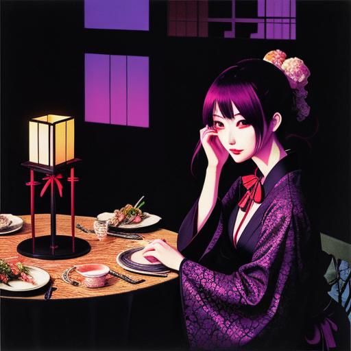 Japanese Gothic Girls Enjoy a Neon Candlelit Dinner