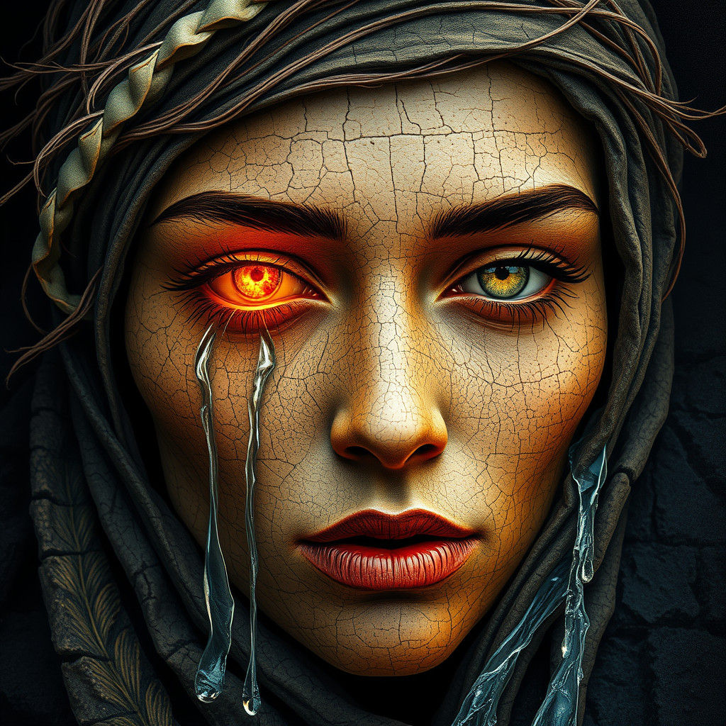 Stone Woman with Cosmic Eyes and Waterfall Tears