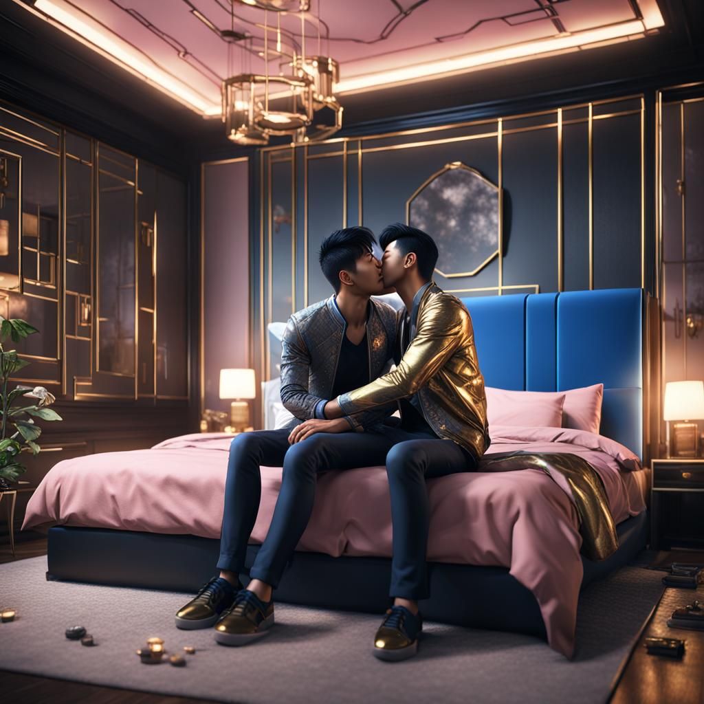 Passionate Embrace: Asian Men in a 3D Rendered Bedroom